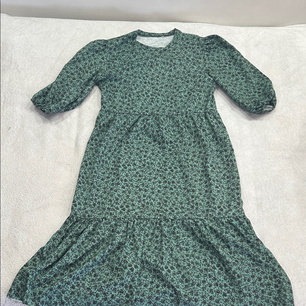 Green Black Floral Mid Length Sleeve Dress